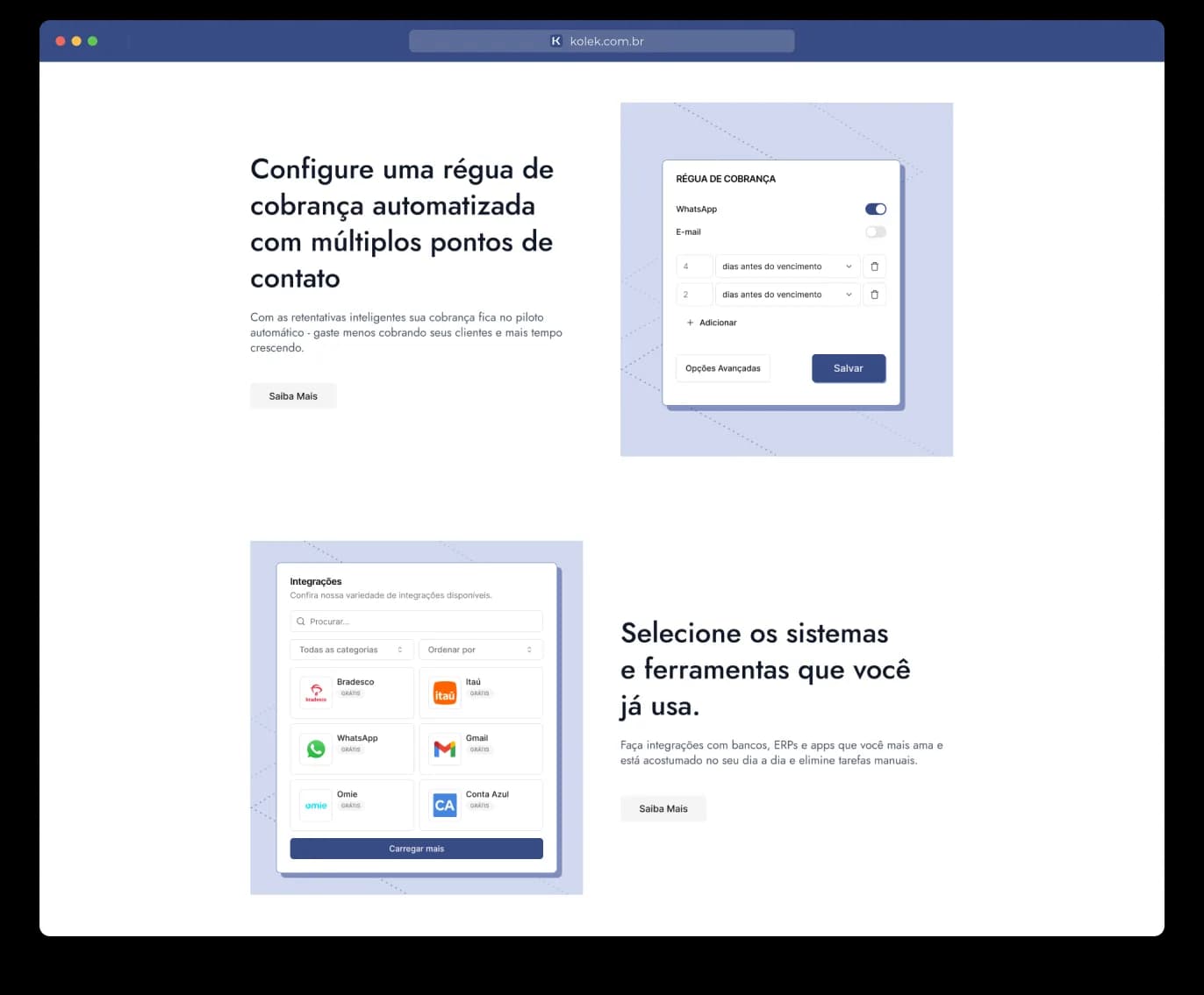 Seções internas do site Kolek